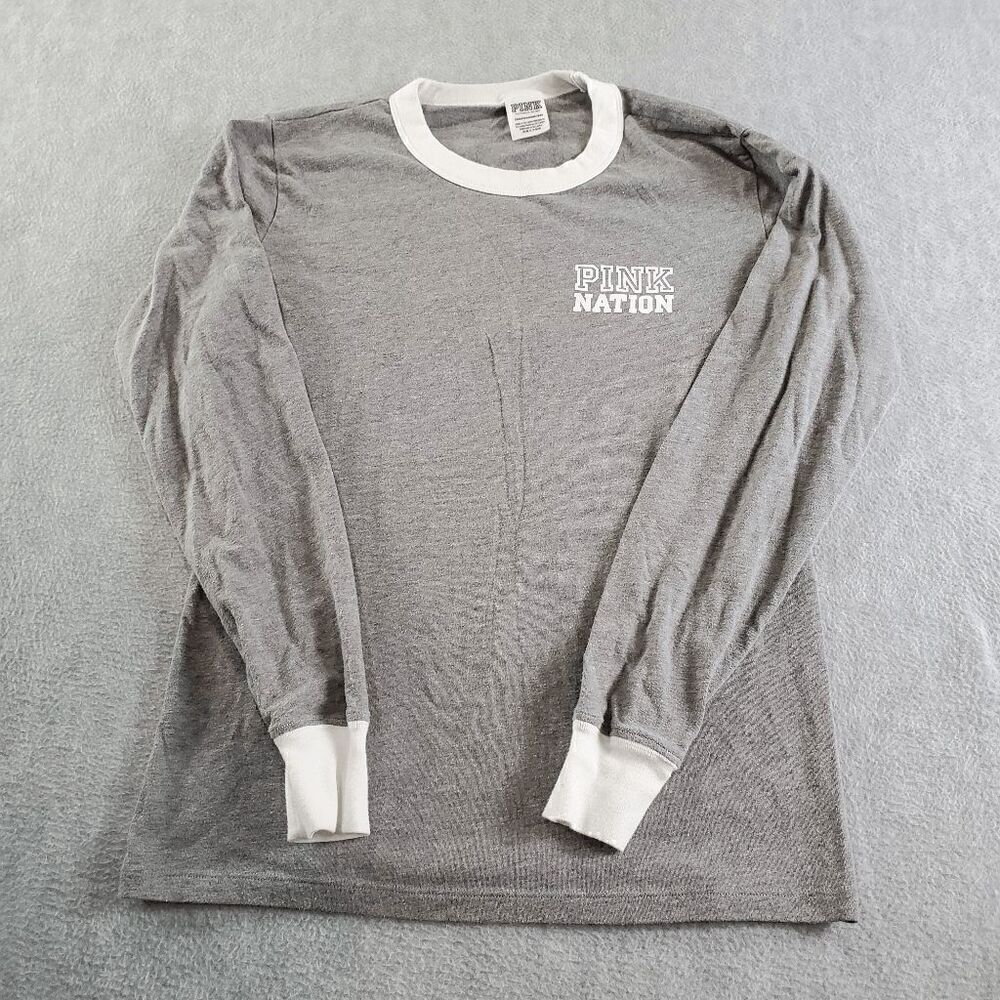 PINK Victoria's Secret Shirt Women XS Gray Nation Tee Long Sleeve Logo Crew Neck